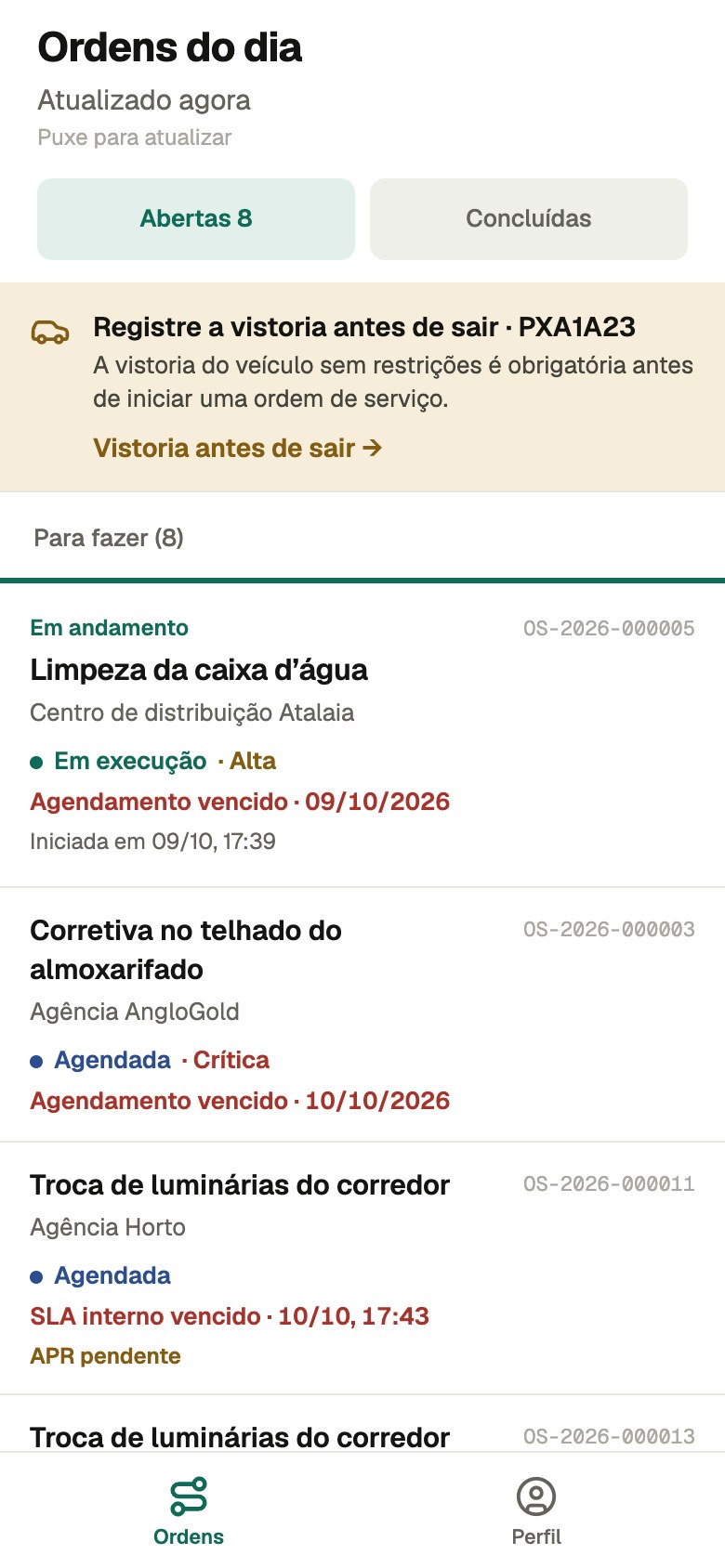 Ordens do dia, com o lembrete do check-in